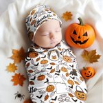 Personifierad spöke pumpa mjuk kasta filt baby swaddle knut hatt set med namn Halloween present till familj nya föräldrar