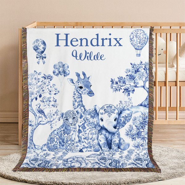 Toile De Jouy Retro Personalizada Leopardo Jirafa Elefante Manta Suave con Nombre y Borla Decoración del Hogar Regalo de Cumpleaños para la Familia