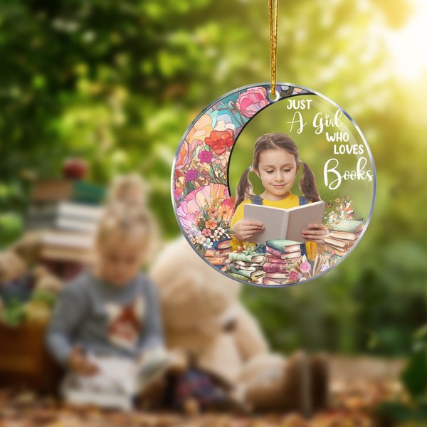 Personalized Moon Flower Just A Girl Who Loves Books Acrylic Ornament with Photo Home Decor Christmas Gift for Daughter Book Lovers