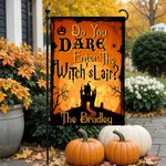 Gepersonaliseerde Halloween Thema Heksenhol Tuinvlag met Tekst Yard Porch Outdoor Decor Halloween Cadeau voor Familie Vriend