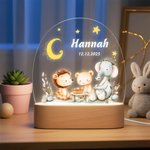 Personalised Cute Forest Animal Lion Elephant LED Night Light with Wooden Base and Name Nursery Decor Baby Shower Birthday Gift for Kids