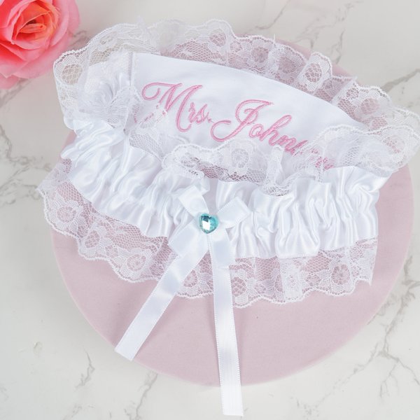 Personalized Something Blue Embroidered Text Lace Bow Wedding Garter with Heart-Shaped Charm  Wedding Bridal Shower Gift for Bride