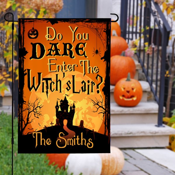 Personalized Halloween Theme Witch's Lair Garden Flag with Text Yard Porch Outdoor Decor Halloween Gift for Family Friend