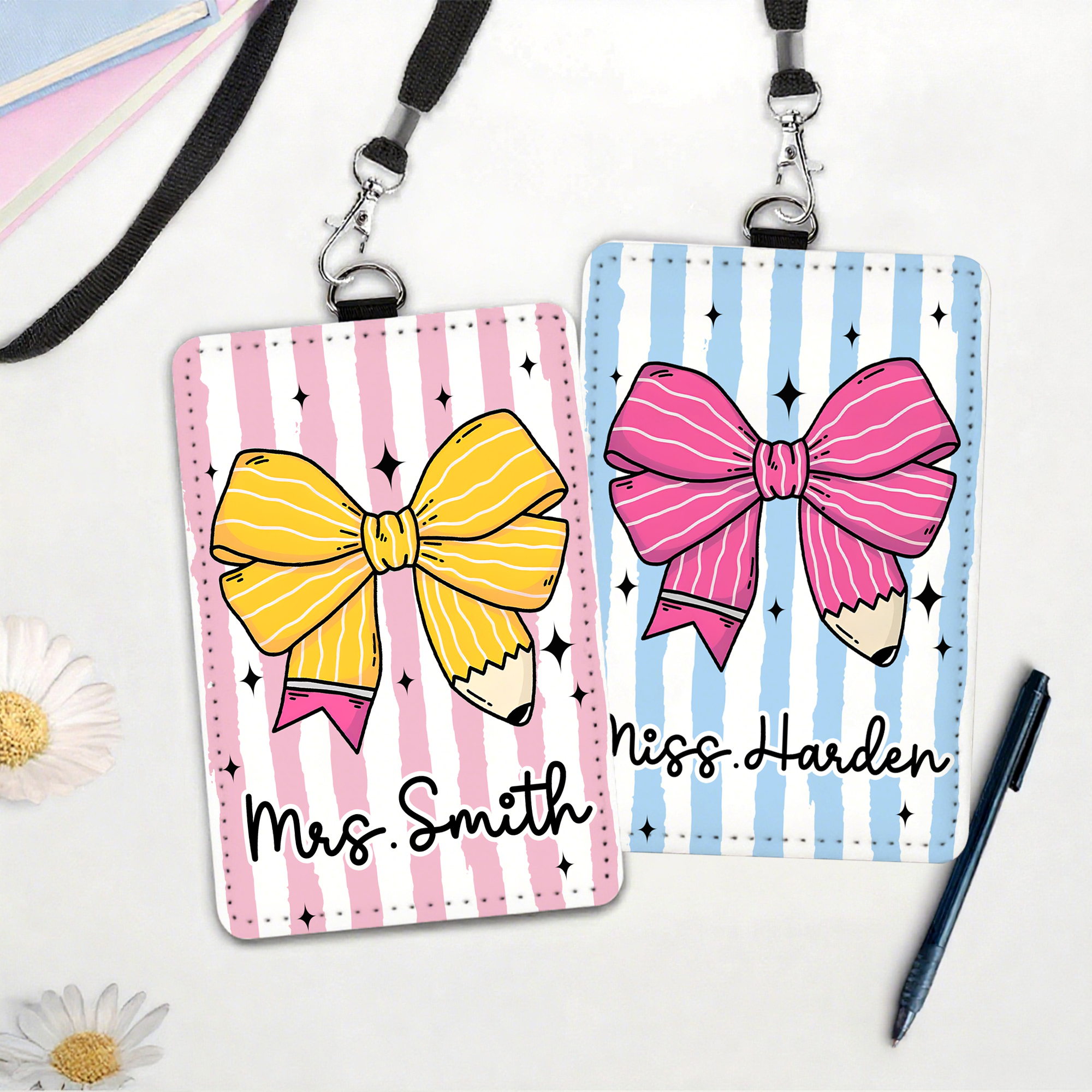 Porte-crayon personnalisé pour enseignants Porte-badge à rayures avec lanière Retour à l'école Cadeau de la semaine d'appréciation de l'enseignant pour les enseignants Éducateurs