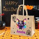 Personalized Cute Cartoon Bat Halloween Jute Bag with Name Halloween Party Gift for Boys Girls