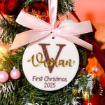 Ornement de Noël en acrylique avec noeud et ruban rose avec initiales pailletées Cadeau de Noël pour Bébé Fille