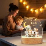 Luz nocturna LED personalizada de animales del bosque con base de madera y nombre decoración para habitación y regalo de cumpleaños para niños