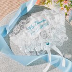 Personalized Something Blue Embroidered Text Lace Bow Wedding Garter with Heart-Shaped Charm  Wedding Bridal Shower Gift for Bride
