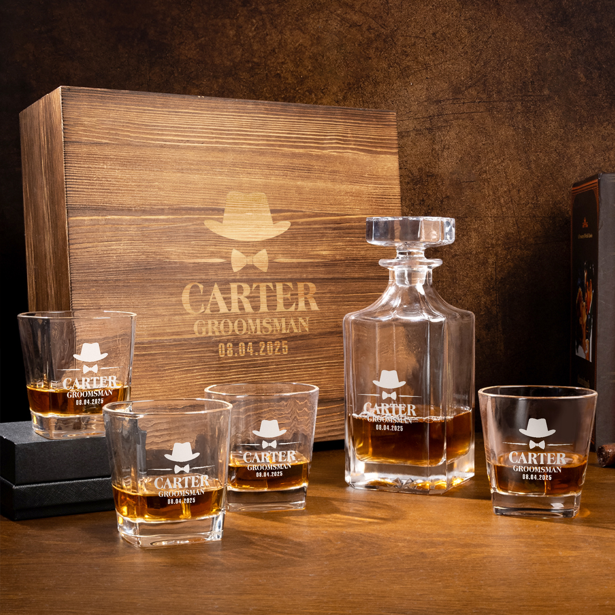 Coffret de rangement en bois pour carafe à whisky avec nom Cadeau de fête des pères Cadeau d'anniversaire pour homme