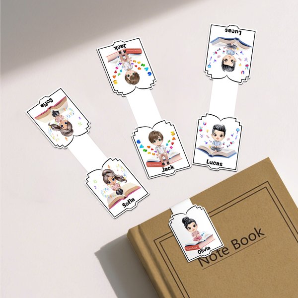 Personalised Cute Bookish Sitting Cartoon Character Magnetic Bookmark Clip with Name and Title Back to School Birthday Gift for Book Lovers Bookworms