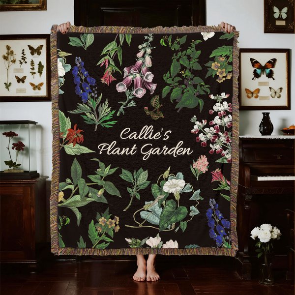 Personalized Gothic Herbs Tassel Soft Throw Blanket with Name Home Decor Halloween Party Gift for Goth and Herbal Enthusiasts