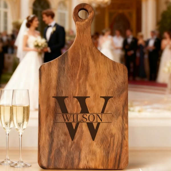 Personalized Wood Engraved Monogram Reversible Cheese Charcuterie Cutting Board with Grip Made in USA Bridal Shower Wedding Gift for Newlywed Couple