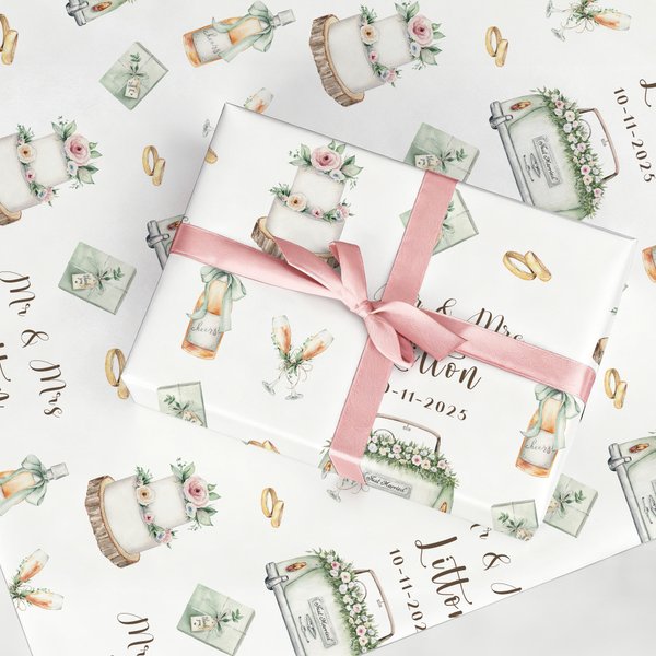 Personalised Mr & Mrs Waterproof Wrapping Paper with Family Name and Date Bridal Shower Wedding Anniversary Gift for Couple Bride Bridegroom