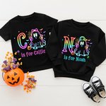 Personalized Cute Colorful Neon Boo Ghost Kid Black T-shirt Sweatshirt with Name Halloween Party Gift for Boys Girls