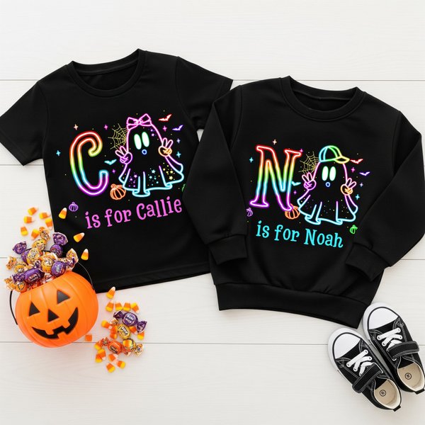 Personalised Cute Colourful Neon Boo Ghost Kid Black T-shirt Sweatshirt with Name Halloween Party Gift for Boys Girls