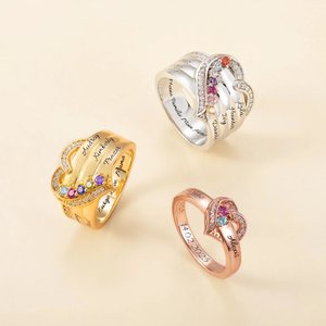 Personalisierter Herz Ring mit 1-8 Geburtssteinen und Namen Gravur Sterling Silber Geburtstag Muttertag Geschenk für Damen