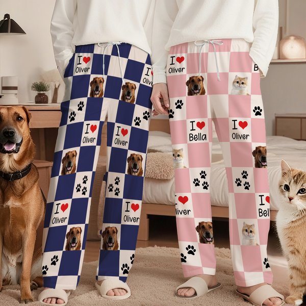 Personalised Cute Paw Checkerboard Print 1-4 Pet Photos Drawstring Long Pajama Pants with Name Birthday Gift for Pet Lovers Owners