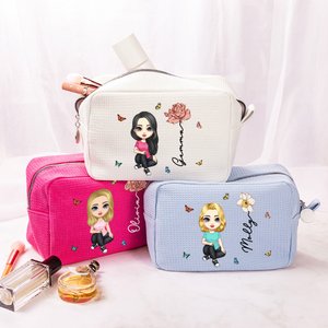 Personalised Birth Flower Cartoon Character Multicolour Makeup Bag with Name and Zipper Travel Essentials Wedding Party Birthday Gift for Women