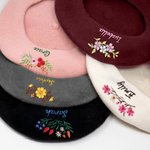 Béret en Laine Personnalisé avec Nom et Fleur Brodés Style de Vintage Cadeau d'Anniversaire pour Femme