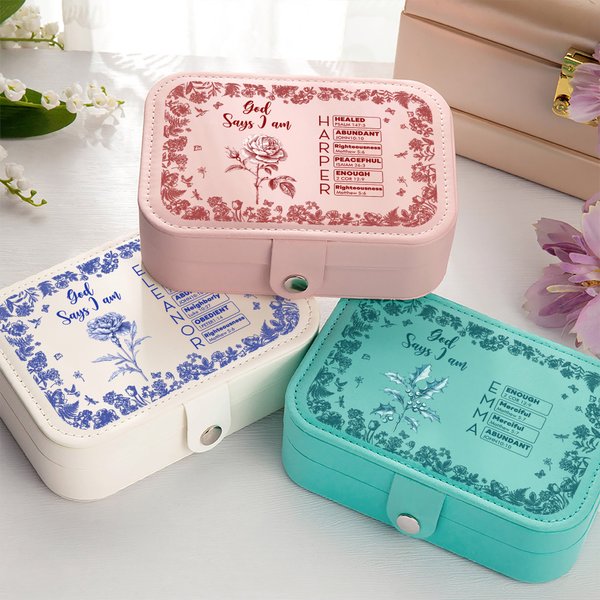 Personalized Toile De Jouy Birth Flower Bible Chapter Name PU Leather Jewelry Box Birthday Christmas Gift for Christians Women