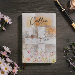 Personalised Watercolour Flower Cross PU Leather Church Notebook with Name and 100 Line Pages for Birthday Religious Gift for Women Christian