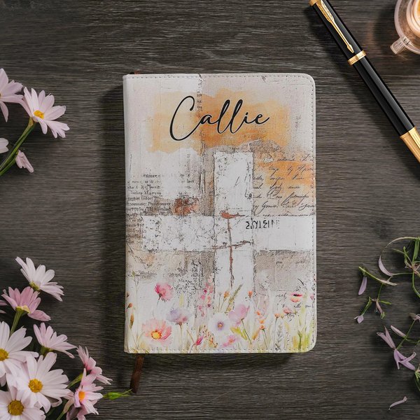 Personalised Watercolour Flower Cross PU Leather Church Notebook with Name and 100 Line Pages for Birthday Religious Gift for Women Christian