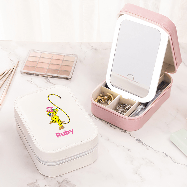 Personalized Cute Long-Tailed Marsupilami PU Leather Jewelry Box with Name and Adjustable LED Mirror Birthday Gift for Girls | Callie × Marsupilami®