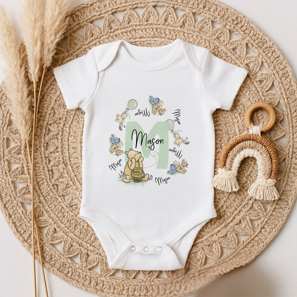Personalized Classic Winnie the Pooh 100% Cotton Baby Bodysuit Bib Set with Name and Initial Baby Shower Birthday Gift for Newborns