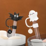 Personalised Bat Pumpkin Witch Hat Ghost Straw Topper with Initial Charm Accessory for Stanley Cup Halloween Gift for Family Friends