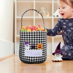 Personalised Witch Hat Spooky Ghost Gingham Canvas Trick or Treat Bag with Embroidered Applique Patterns and Name Halloween Gift for Girls Boys