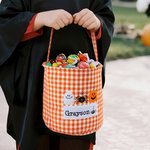 Personalised Witch Hat Spooky Ghost Gingham Canvas Trick or Treat Bag with Embroidered Applique Patterns and Name Halloween Gift for Girls Boys