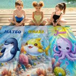 Toalla de playa personalizada con nombre diseño de mundo submarino y adorables animales marinos de secado rápido regalo de cumpleaños para niños