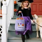 Personalised Witch Hat Spooky Ghost Gingham Canvas Trick or Treat Bag with Embroidered Applique Patterns and Name Halloween Gift for Girls Boys