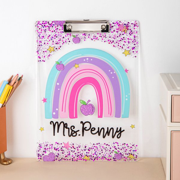 Personalised Glitter Rainbow Apple Acrylic Clipboard with Text School Supplies Teacher Appreciation Week Gift for Teachers