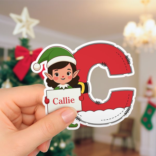 Personalized Cartoon Cute Elf Waterproof Stickers Labels with Initial and Name Christmas Party Decor Gift for Family Kids