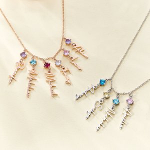 Personalized 1-8 Birthstone & Name Hanging Pendants Family Necklace Birthday Anniversary Christmas Gift for Women Grandma Mom