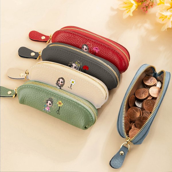 Personalized Fashion Girl Birth Flower Mini PU Leather Coin Purse with Name Daily Travel Accessories Birthday Christmas Gift for Women Girls