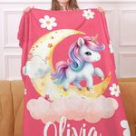 Personalized Fantasy Unicorn Dreamy Moon Soft Throw Blanket with Name Home Decor Birthday Baby Shower Gift for Girls