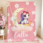 Personalized Fantasy Unicorn Dreamy Moon Soft Throw Blanket with Name Home Decor Birthday Baby Shower Gift for Girls