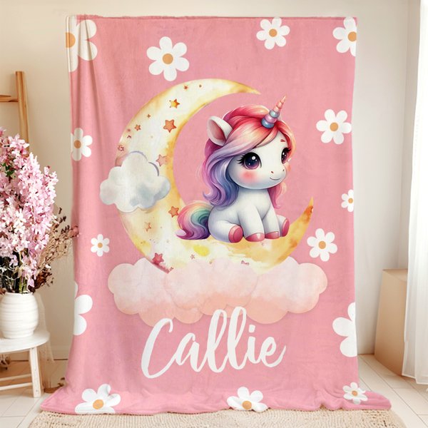 Personalized Fantasy Unicorn Dreamy Moon Soft Throw Blanket with Name Home Decor Birthday Baby Shower Gift for Girls