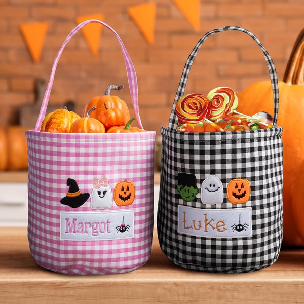 Personalised Witch Hat Spooky Ghost Gingham Canvas Trick or Treat Bag with Embroidered Applique Patterns and Name Halloween Gift for Girls Boys