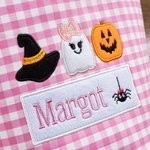 Personalised Witch Hat Spooky Ghost Gingham Canvas Trick or Treat Bag with Embroidered Applique Patterns and Name Halloween Gift for Girls Boys