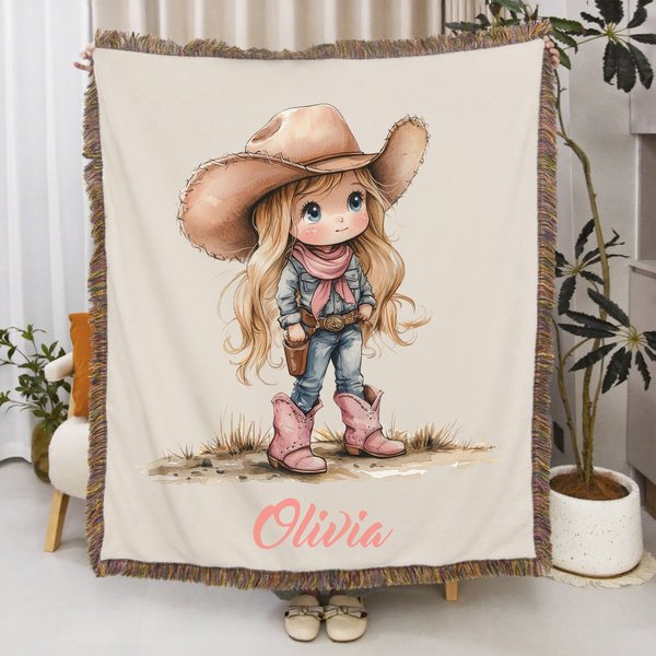 Personalized Cartoon Cowboy Cowgirl Tassel Soft Throw Blanket with Name Home Decor Birthday Gift for Kids Cowboy Lovers