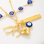 Personalized Evil Eye Wishbone Horseshoe Set of 2 Necklaces with Name and Heart-Shaped Pendant Birthday Anniversary Gift for Family Friends