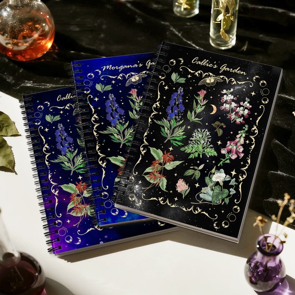 Personalized Gothic Starry Sky Herbal A5 Spiral Notebook with Name Daily Use Halloween Gift for Book Lovers Goth Herbal Enthusiasts