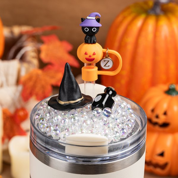 Personalised Witch Hat Pumpkin Ghost Bubble Initial Straw Topper and Lid Topper for 20 oz to 40 oz Tumbler Accessory Halloween Gift for Family Friend