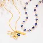 Personalized Evil Eye Wishbone Horseshoe Set of 2 Necklaces with Name and Heart-Shaped Pendant Birthday Anniversary Gift for Family Friends