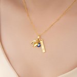 Personalized Evil Eye Wishbone Horseshoe Set of 2 Necklaces with Name and Heart-Shaped Pendant Birthday Anniversary Gift for Family Friends
