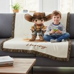 Personalized Cartoon Cowboy Cowgirl Tassel Soft Throw Blanket with Name Home Decor Birthday Gift for Kids Cowboy Lovers