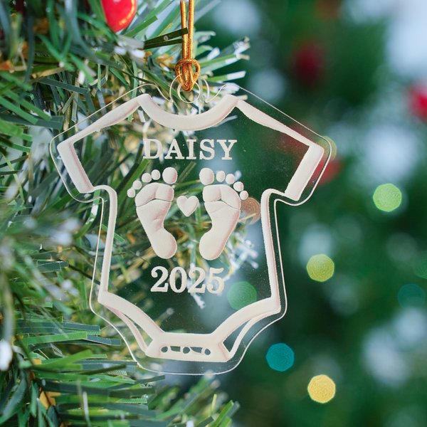 Personalized Baby Bodysuit Pregnancy Announcement Ornament with Text and Year Christmas Tree Home Decor Birthday Gift for New Parents